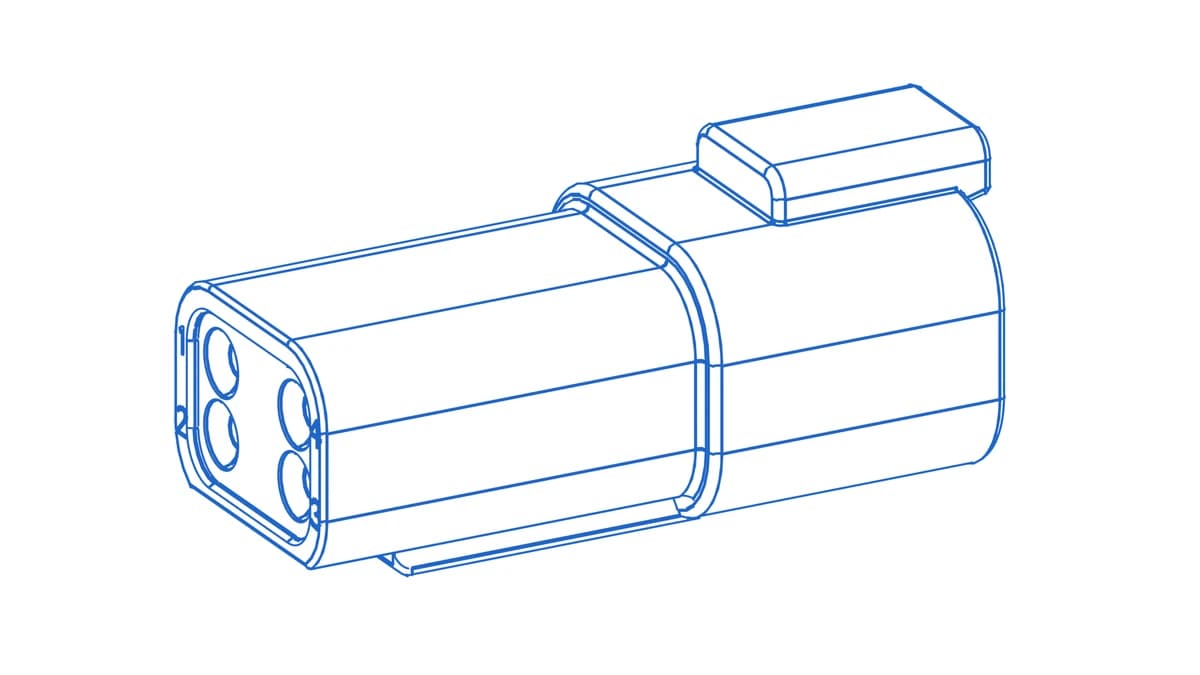 Wireframe CAD render of a Deutsch DT04-4P receptacle housing