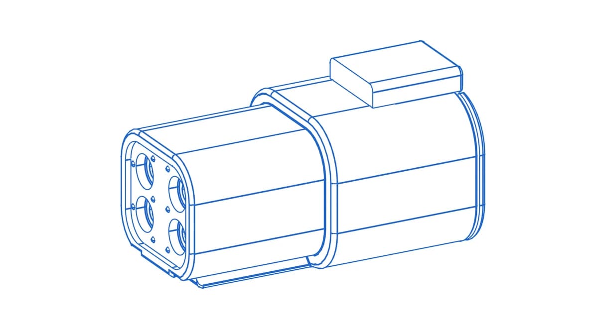 Wireframe CAD render of a Deutsch DTP04-4P receptacle housing