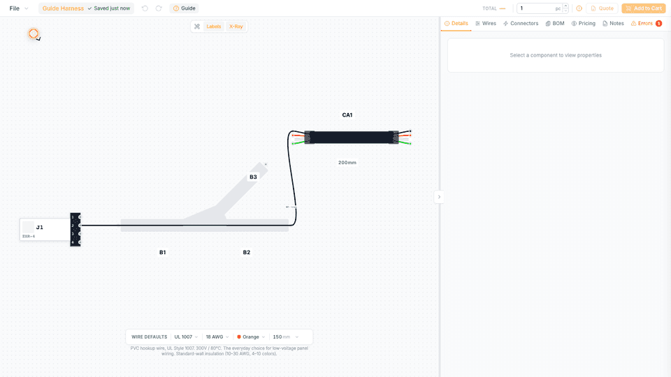 MiniProto Configurator overview showing a wire harness design on the canvas
